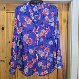 Kut from the Kloth Royal Blue Floral Button-Up Blouse Size L